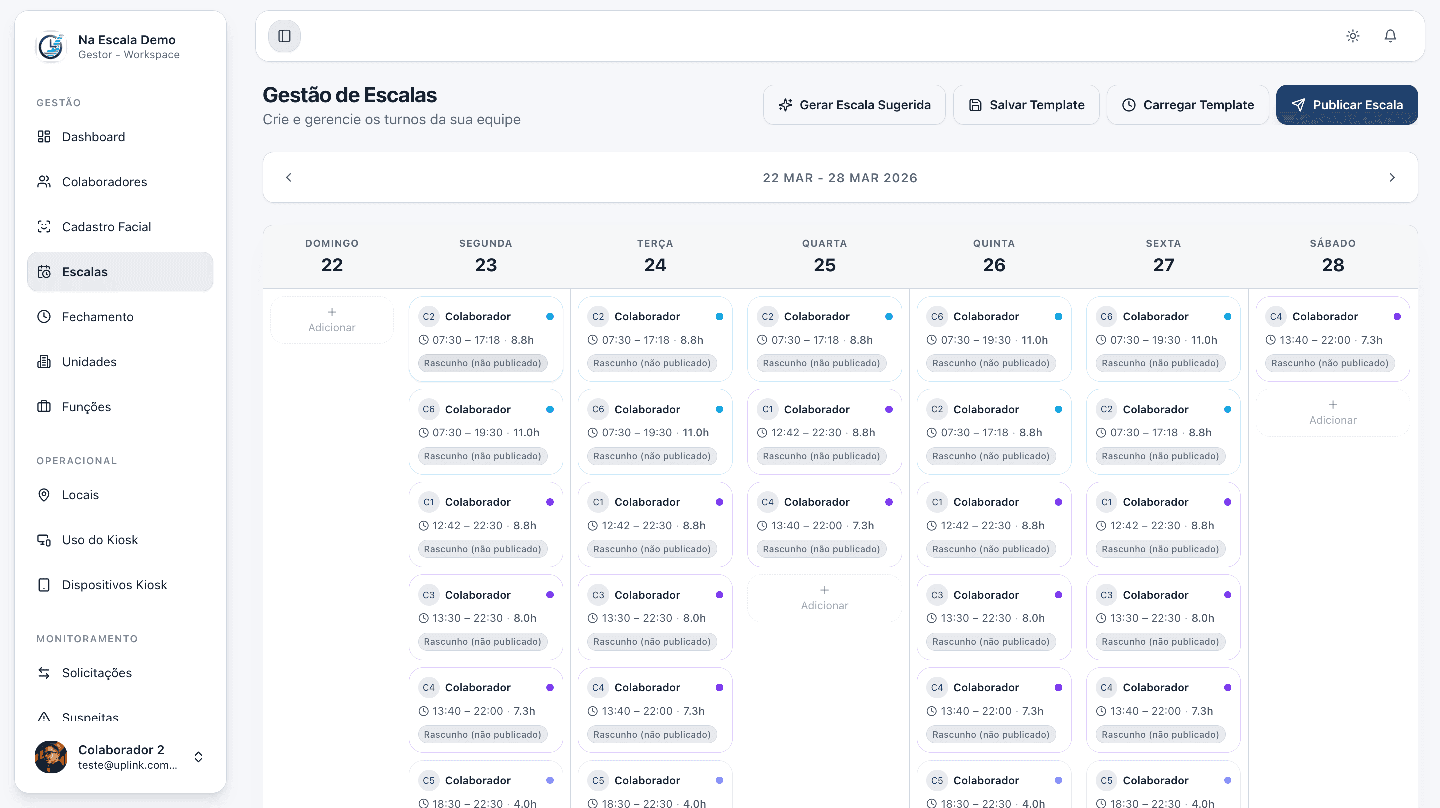 Gestão de escalas da plataforma na escala com calendário semanal e mapa de cobertura